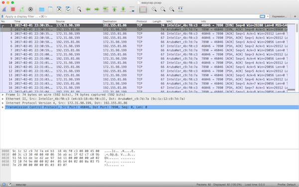 Screenshot of Wireshark interface displaying the "easycap.pcap" file contents.